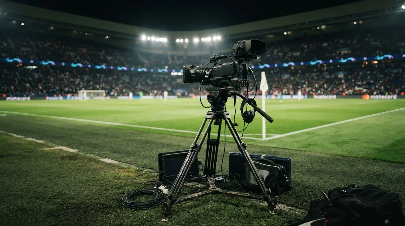 Fernsehkamera auf einem Stativ am Rand eines Fußballfeldes