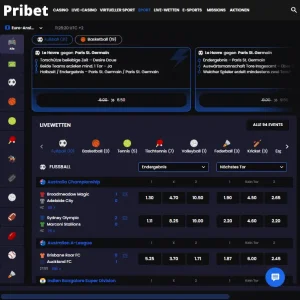 Mobile Sportübersicht von Pribet mit Sportnavigation und Wettmärkten