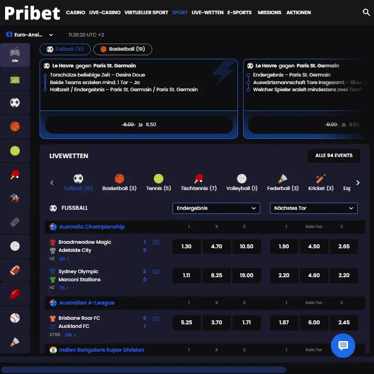 Mobile Sportübersicht von Pribet mit Sportnavigation und Wettmärkten