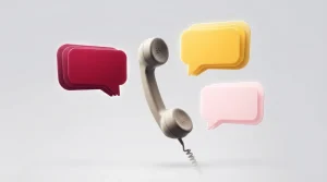 Mehrere Sprechblasen und eine Telefonhörerform um einen gemeinsamen Mittelpunkt