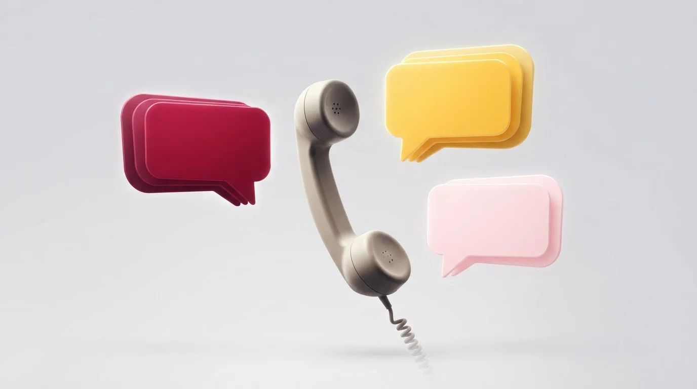 Mehrere Sprechblasen und eine Telefonhörerform um einen gemeinsamen Mittelpunkt